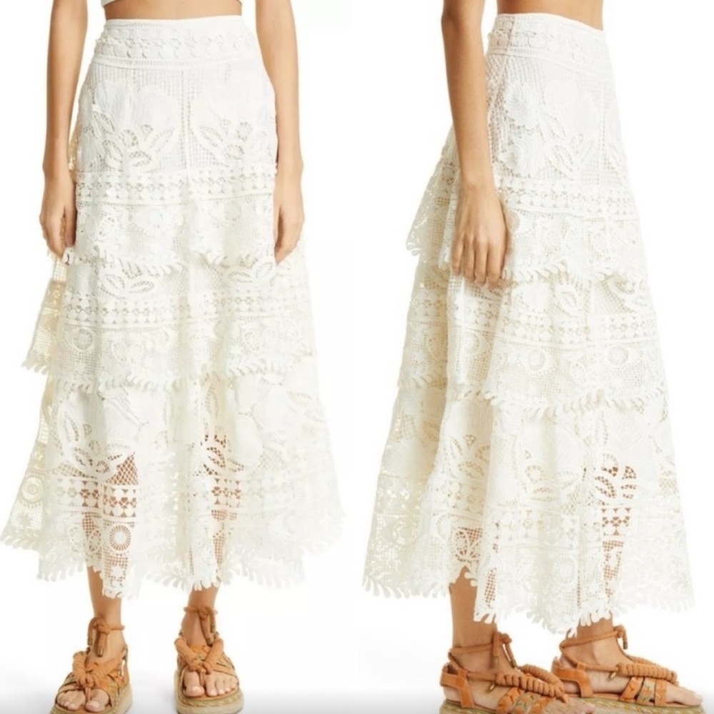 FARM Rio White Lace Midi Skirt